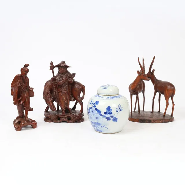 THREE CHINESE WOODEN CARVINGS AND A GINGER JAR (4).