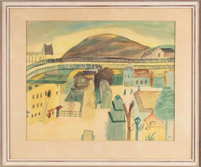 PRIMUS MORTIMER PETTERSSON. Blandteknik på papper, monogramsignerad, byamotiv, 1900-tal.