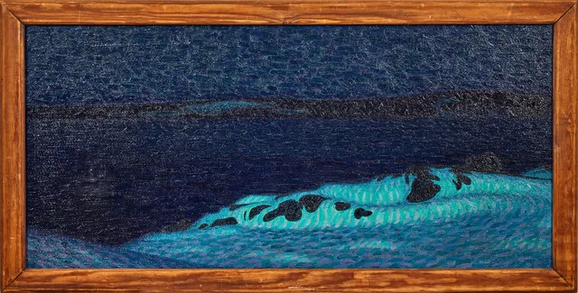 GUNNAR HALLSTRÖM. Stormvåg mot strand.