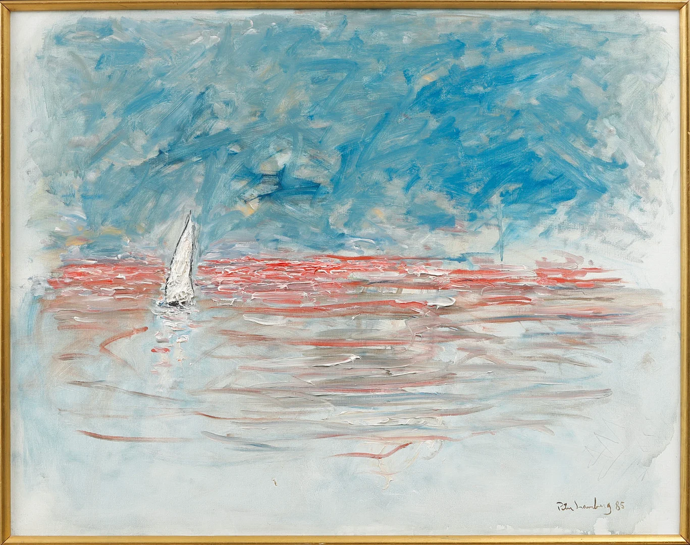 PETER LAMBERG. Segelbåt på hav, olja på duk, signerad och daterad 85. — Paintings — Göteborgs Auktionsverk