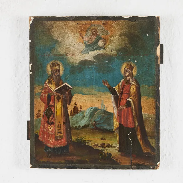 IKON, föreställande den helige ärkebiskopen Paulus och den heliga stormartyren Katarina, Ryssland 1800-tal.