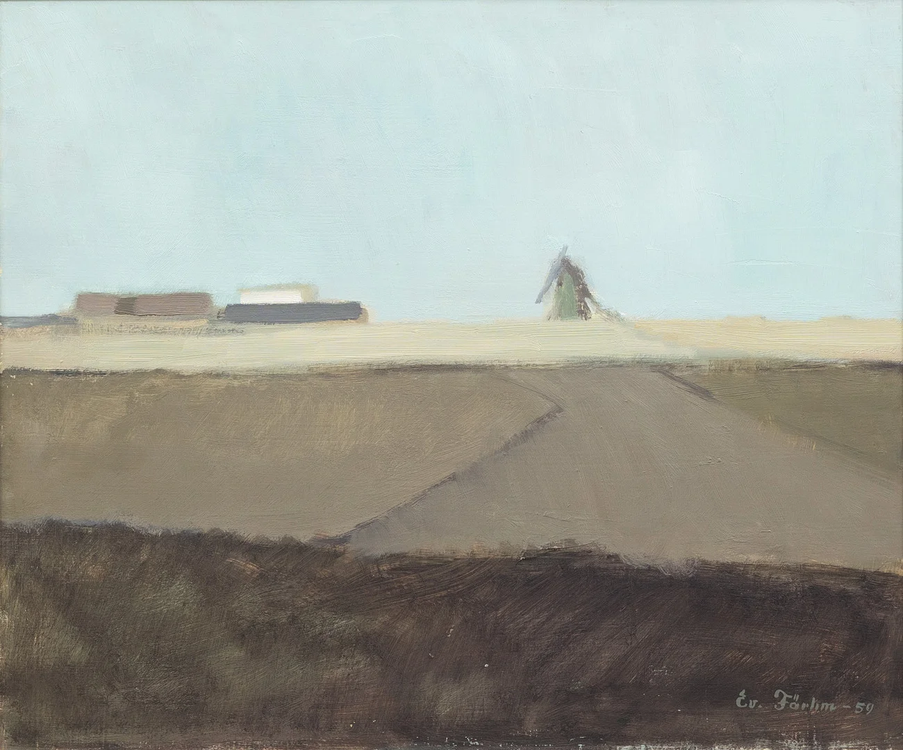 EVERT FÄRHM. Puristiskt landskap, olja på pannå, signerad och daterad -59. — Paintings — Garpenhus Auktioner