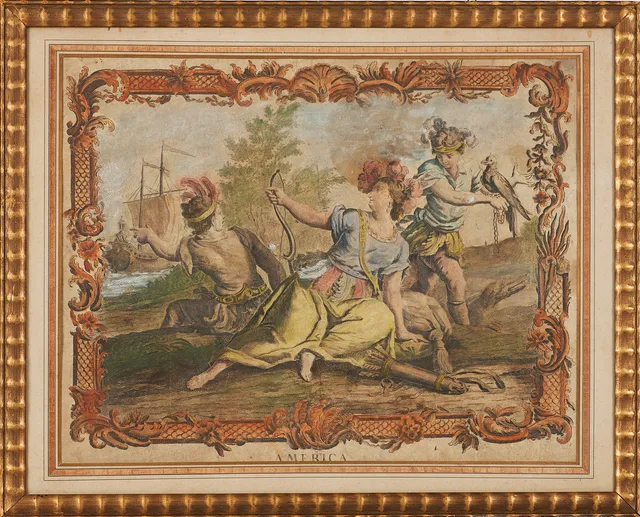 GRAFISKA BLAD, 3 st., allegori över världsdelar, "America", "Europa" och "Asien", handkolorerade, 1800-tal.
