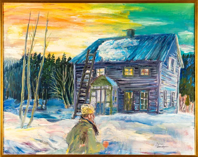 JOHAN LUNDGREN. Olja på duk, Man vid hus i skymning, Signerad 1900-tal.