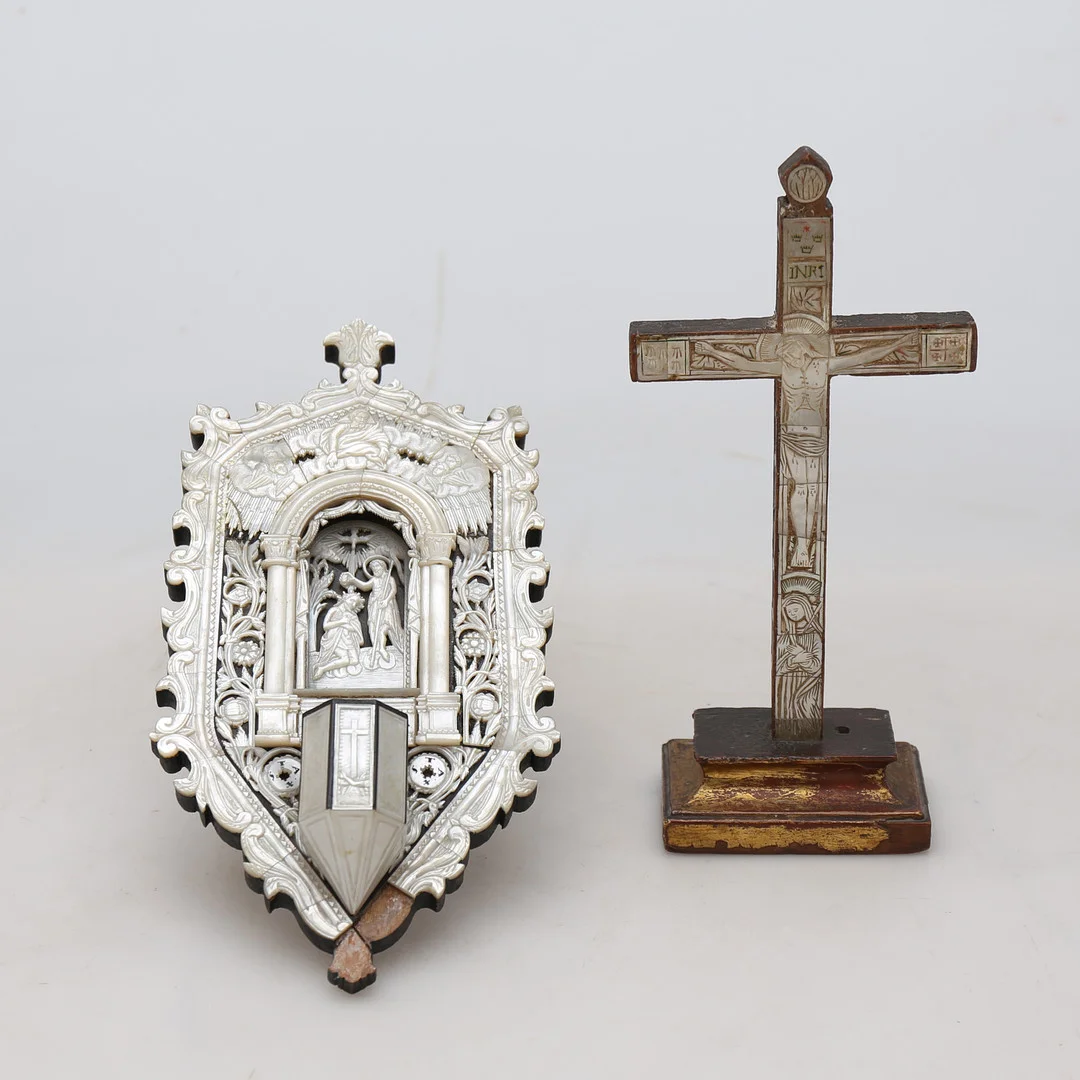 Blessing stoup and Jerusalem crucifix in mother-of-pearl, early 20th Century. — Miscellaneous — Balclis