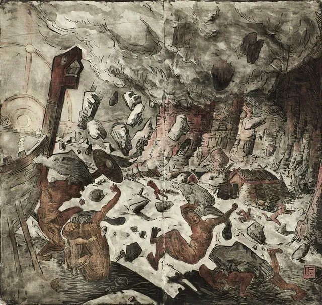 OSSIAN ELGSTRÖM (Sverige, 1883-1950), Ragnarök, monogram OE 27, handkolorerat träsnitt på tyg.