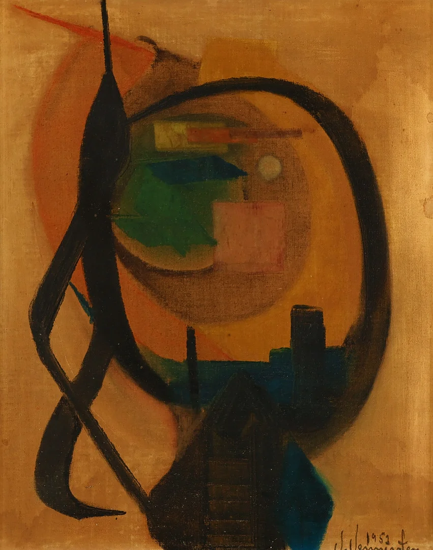 VALDEMAR VENNERSTEN (1907-1962). Abstrakt komposition, olie på lærred monteret på plade, signeret og dateret 1953. — Paintings — Palsgaard Kunstauktioner