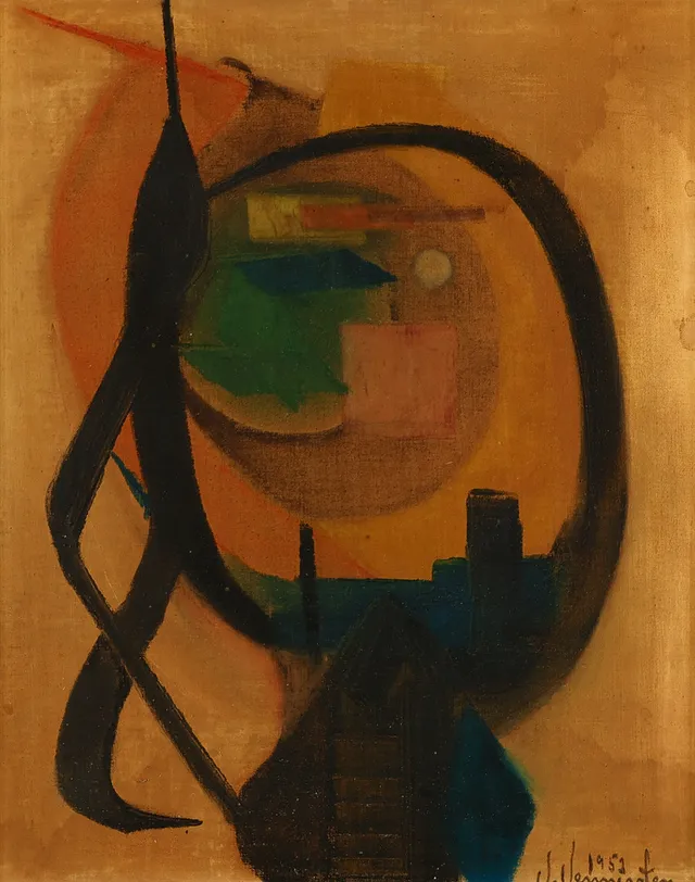 VALDEMAR VENNERSTEN (1907-1962). Abstrakt komposition, olie på lærred monteret på plade, signeret og dateret 1953.