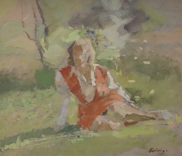 FRITZ HOLMER. Sittande kvinna, olja på pannå, signerad.