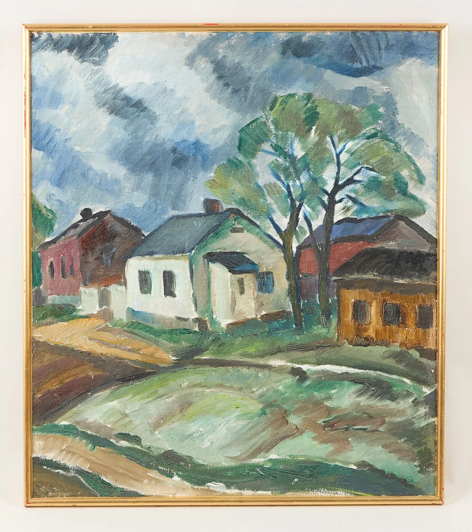 JALMARI RUOKOKOSKI. Gatuvy, a tergo porträtt, osignerad, olja på duk. — Paintings — Stockholms Auktionsverk Helsinki