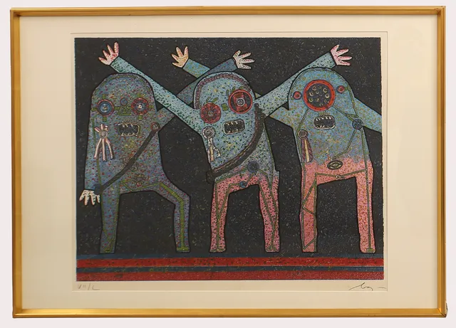 ENRICO BAJ. Generaler, serigrafi med glitterapplikation, signerad, numrerad 7/50.