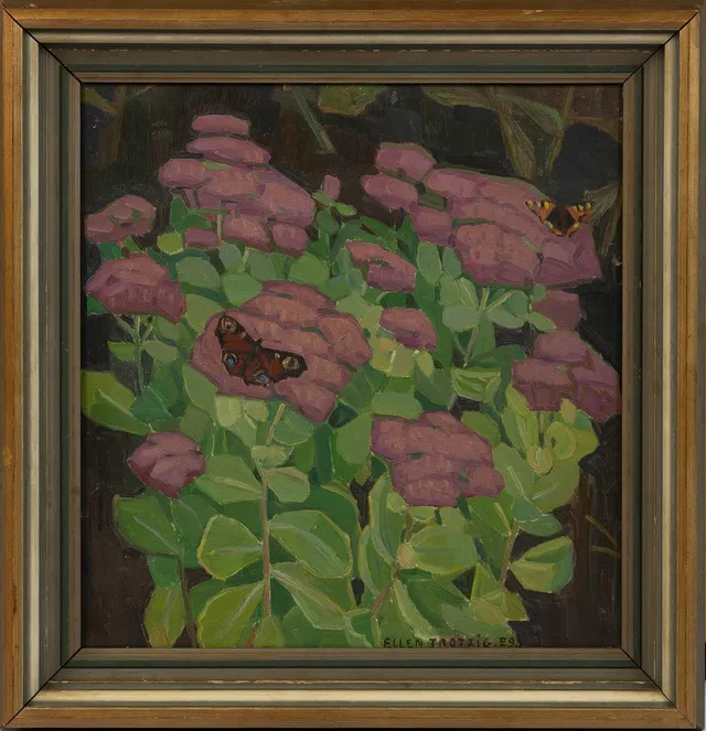 ELLEN TROTZIG. Blommor med fjärilar, olja på duk.