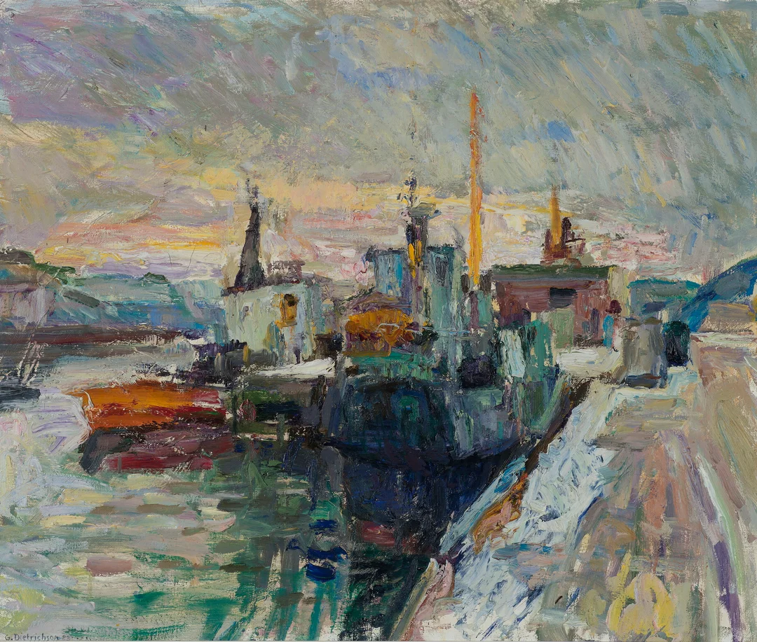 Dietrichson, Gunnar — Fiskebåter i havn, 1983 — Kunst/Maleri — Blomqvist