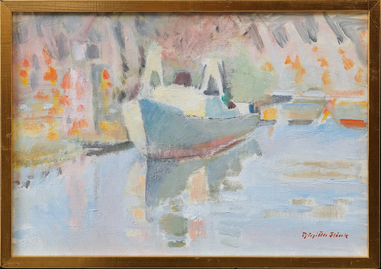BIRGITTA FLINK. Fartyg i hamn, olja på duk, signerad. — Paintings — Göteborgs Auktionsverk