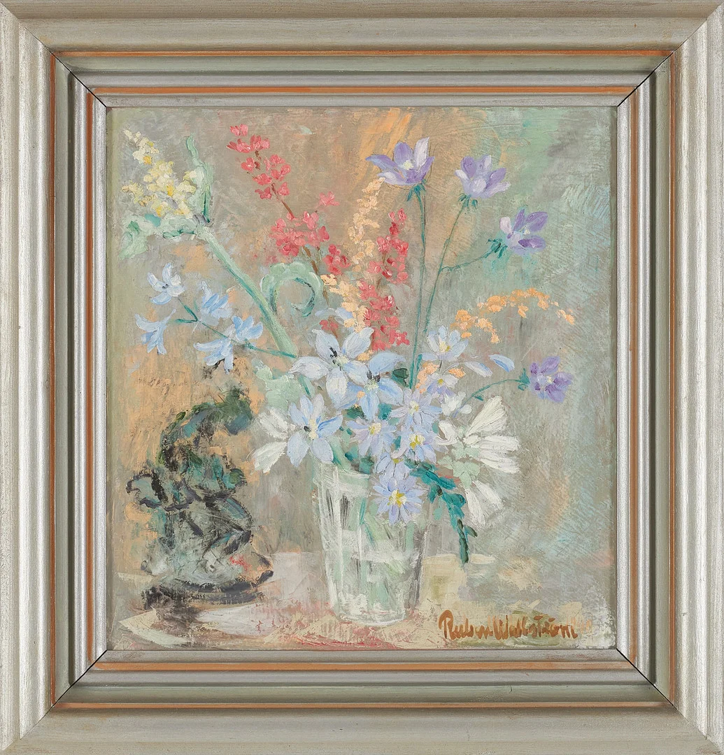 RUBEN WALLSTRÖM. Blomsterstilleben, olja på pannå, signerad och daterad, -41. — Paintings — Stockholms Auktionsverk Sickla
