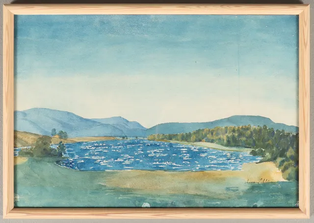 ANNA SAHLSTRÖM. "Utsikt nordöver mot Hänsjön och Vitsandshöjden och Hovfjället i Fryksände" Sannolikt motiv från Torsby.