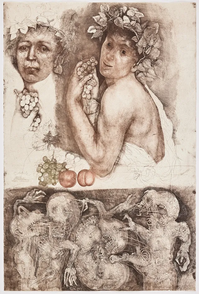 JIRI ANDERLE. "Carpe diem, carpe noctem III. Bacchino d'apres Caravaggio" (Bacchino malato). Mezzotint and drypoint in colours, 1983, on Van Gelder Zonen wove paper, signed in pencil and numbered 50/70.
