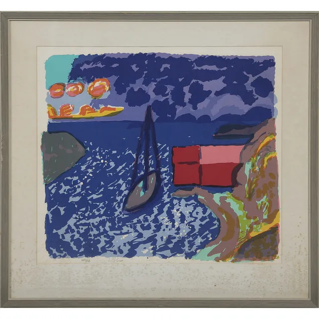 INGE SCHIÖLER. FÄRGLITOGRAFI 160/195, SIGNERAD, INGLASAD.