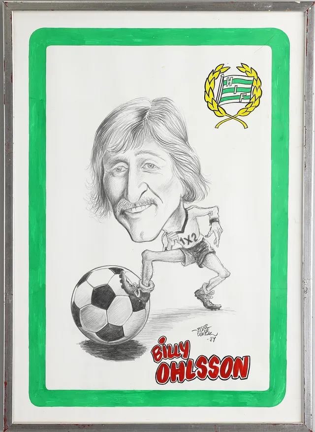 BÖRJE DORCH. teckning, karikatyr, Billy Ohlsson Hammarby, 1984.