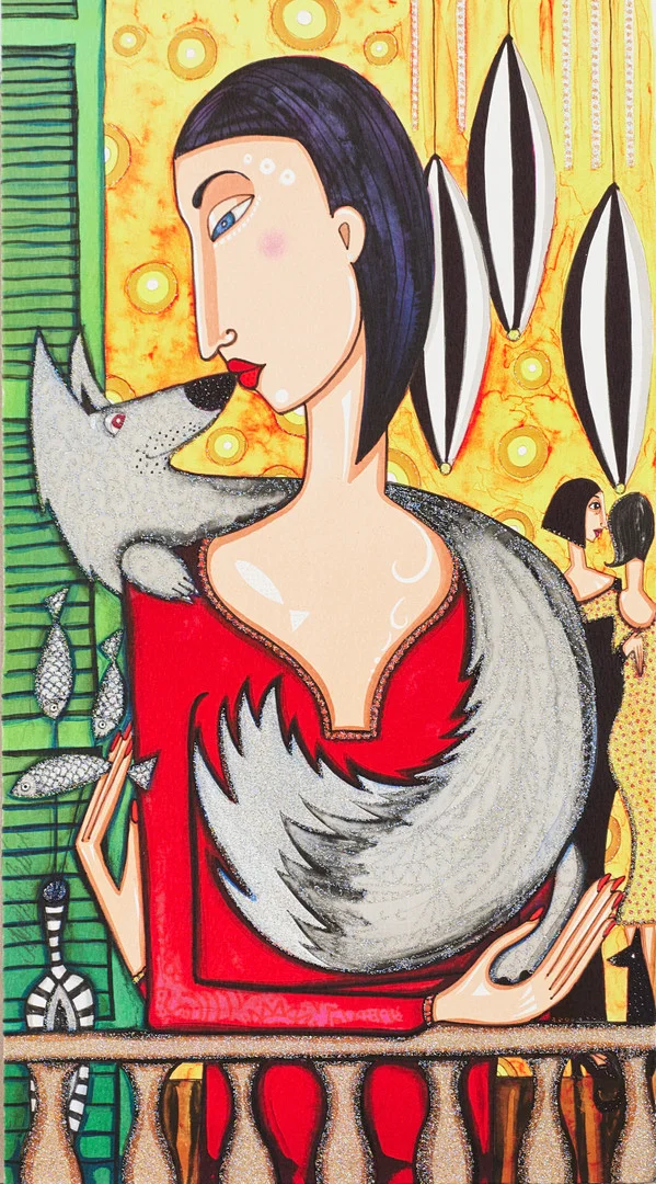 ANGELICA WIIK. Nospuss", färglitografi med glitter, signerad Angelica Wiik, EA. — Engravings & Prints — Stockholms Auktionsverk Magasin 5