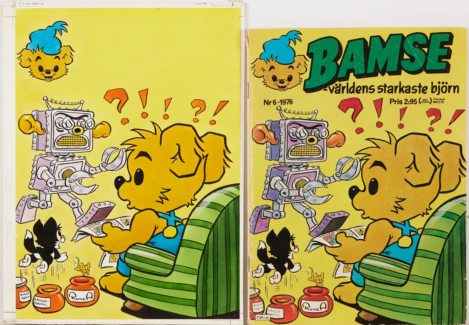 RUNE ANDRÉASSON. Bamse, original till omslag, nummer 6 från 1976, signerad Rune A, tusch och akvarell på papper uppklistrat på kartong. — Paintings — Stockholms Auktionsverk Magasin 5