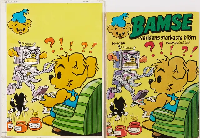 RUNE ANDRÉASSON. Bamse, original till omslag, nummer 6 från 1976, signerad Rune A, tusch och akvarell på papper uppklistrat på kartong.