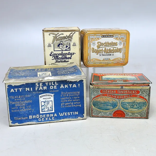 PLÅTBURKAR, 4 st, bla "Svenska Tändsticksaktiebolaget" & "Stockholms Bageri Aktiebolag", 1900-tal.