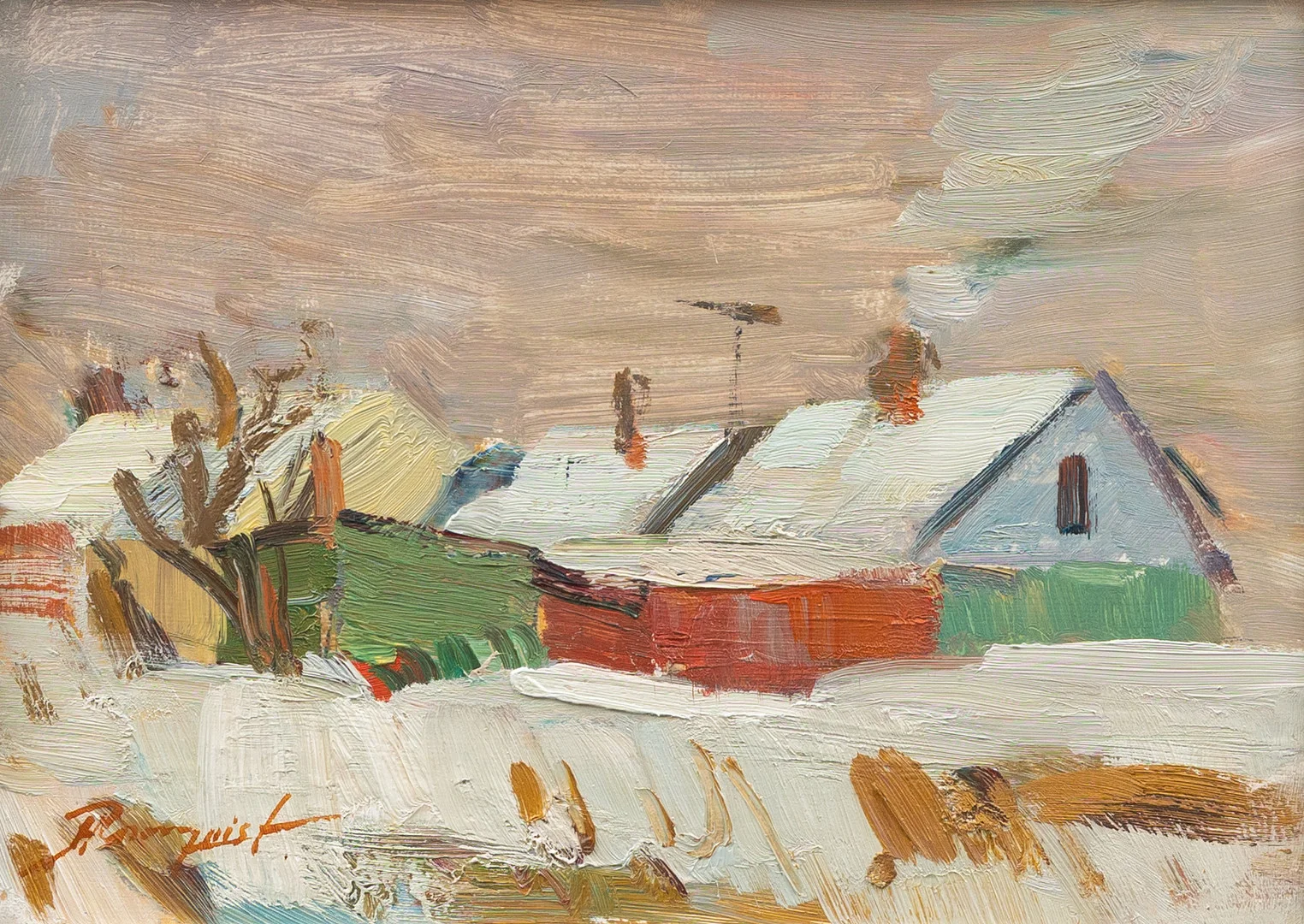 HANS ROSENQUIST (1913-2012). Hus i vinterlandskap, olja på pannå, signerad. — Paintings — Garpenhus Auktioner