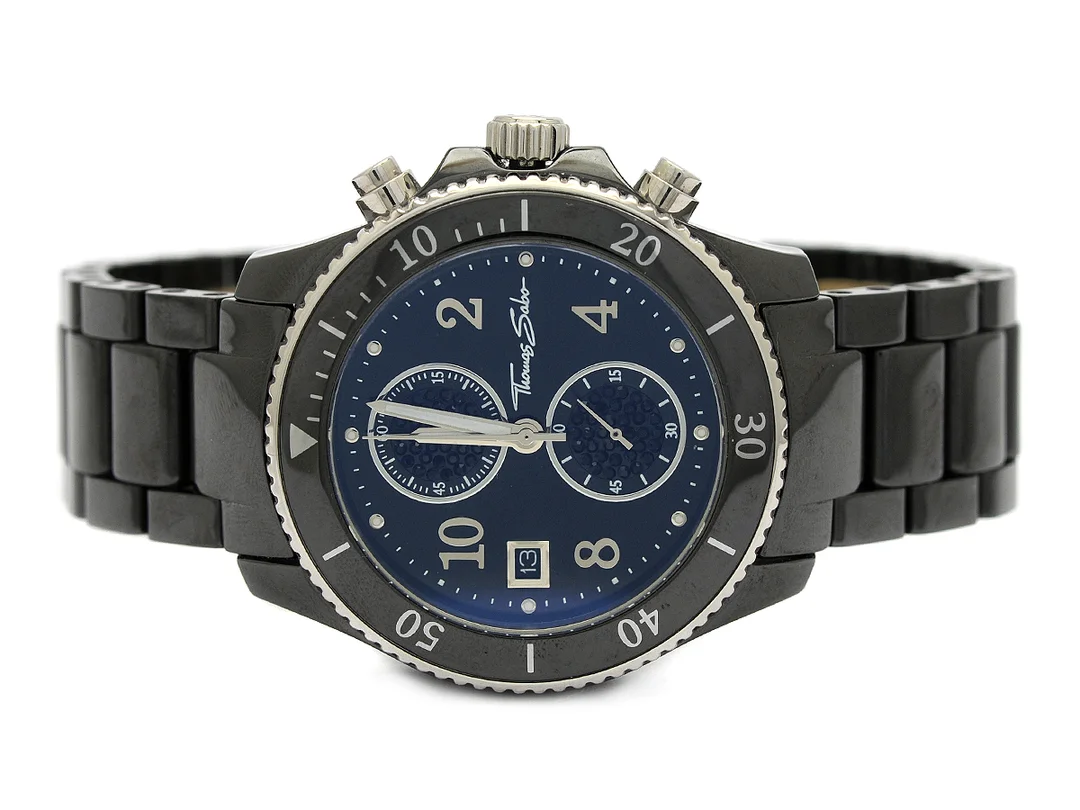 THOMAS SABO, Glam & Soul, kronograf, damur, 40 mm, stål / keramik, quartz, safirglas, datum, urtavla med svart strass, originallänk, viklås i stål, ca 2013. — Klockor/Thomas Sabo — Kaplans