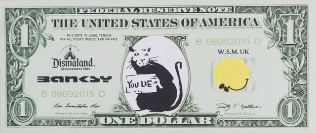 - BANKSY. "Dismal 1 Dollar Canvas" mit "You lie rat"-Motiv, 2015.