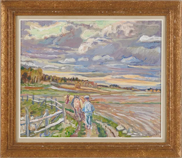 OLLE NORDBERG. Landskap med draghäst, olja på pannå.