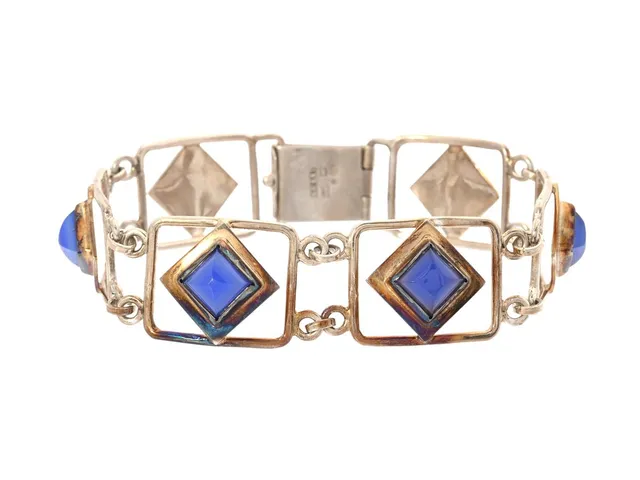 ARMBAND, sterlingsilver, blått glas, GUSSI, 1957, längd 19 cm, vikt 22,8 g.