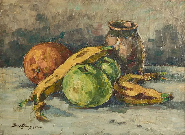 BROR LJUNGGREN (1884-1939), Stilleben med frukt och krus, signerad, olja på duk ställd på pannå.