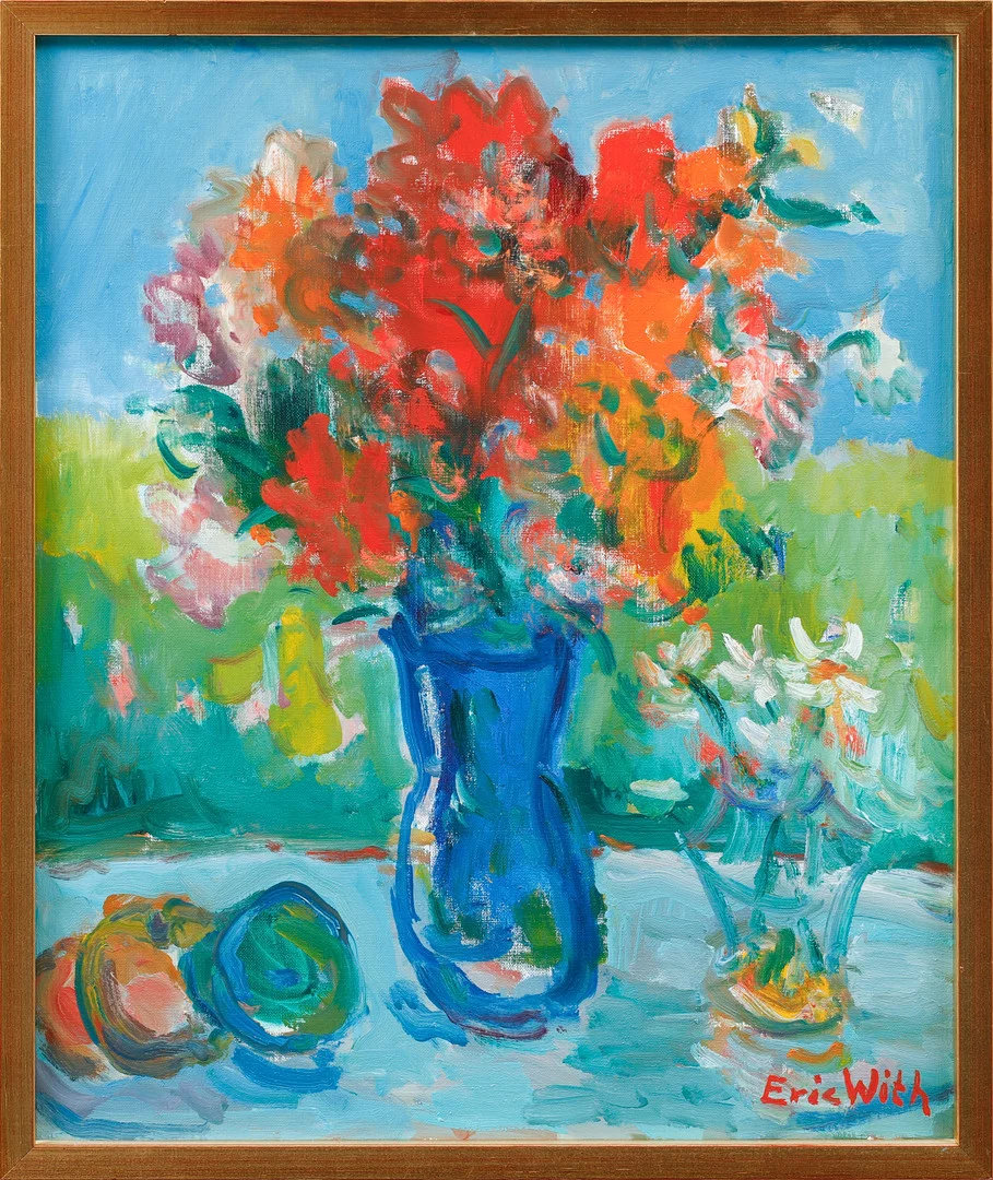 ERIC WITH. Stilleben med röda blommor i blå vas. Olja på duk, signerad. — Paintings — Göteborgs Auktionsverk