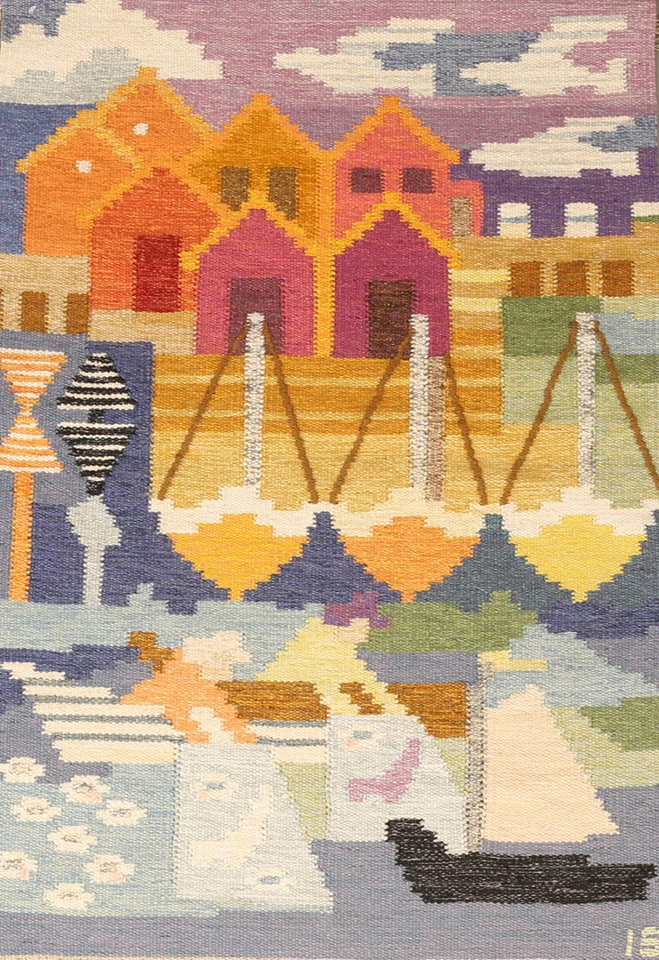INGEGERD SILOW. Väggbonad, rölakan, "Fiskeläge", monogramsignerad IS. — European Carpets & Textiles — RA Auktionsverket Norrköping