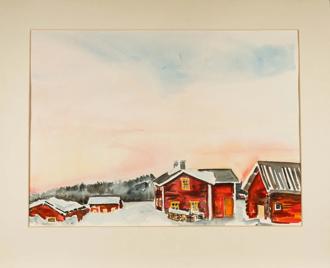 ELIS AIDANPÄÄ. Akvarell, stugor i gryning. — Paintings — Norrlands Auktionsverk