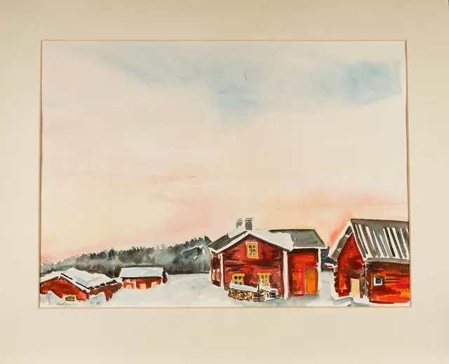 ELIS AIDANPÄÄ. Akvarell, stugor i gryning.