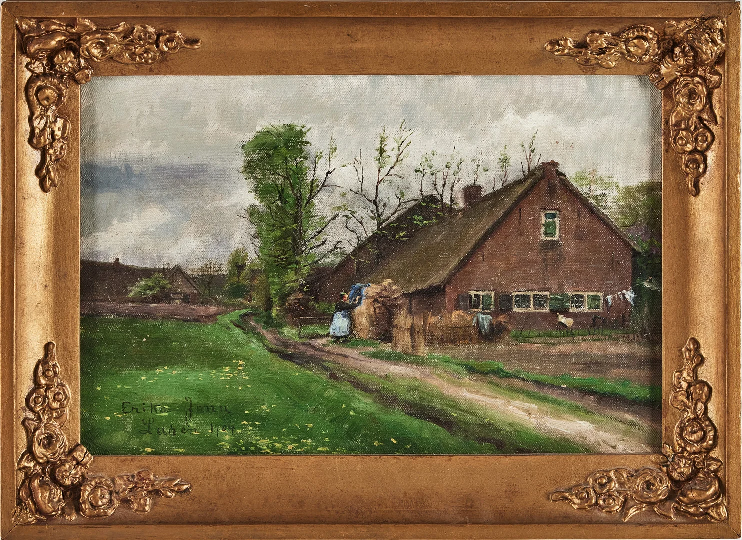 ERIKA JONN (1865-1931). Gårdsmiljö med figur, olja på duk. — Paintings — Stockholms Auktionsverk Magasin 5