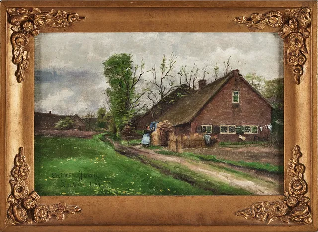 ERIKA JONN (1865-1931). Gårdsmiljö med figur, olja på duk.