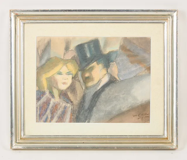 MARCUS COLLIN. Den sköna kvinnan och den mystiska mannen, signerad, pastell.