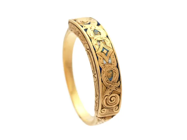 RING, 14K guld, rester av emalj, hårgömma, antik, stl 17,25 mm, vikt 3,1 g.