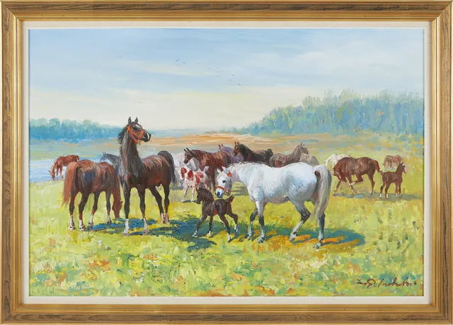 JERZY POTRZEBOWSKI. (Polen, 1921-1974) "Hästhjord", signerad, olja på duk.