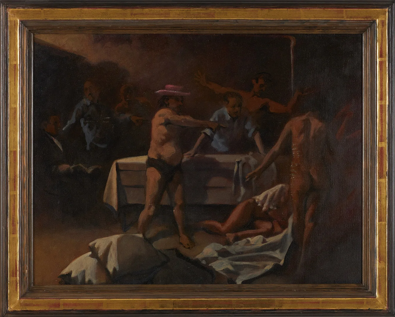 KJELL JÖRSTEDT (1943-2022). Figurkomposition med i rosa hatt, olja på duk, signerad och otydligt daterad 80-tal. — Paintings — Stockholms Auktionsverk Sickla