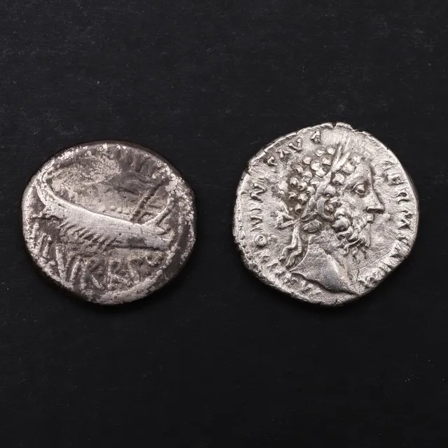 A ROMAN IMPERIAL DENARIUS OF MARCUS AURELIUS (161-180) AND ANOTHER.