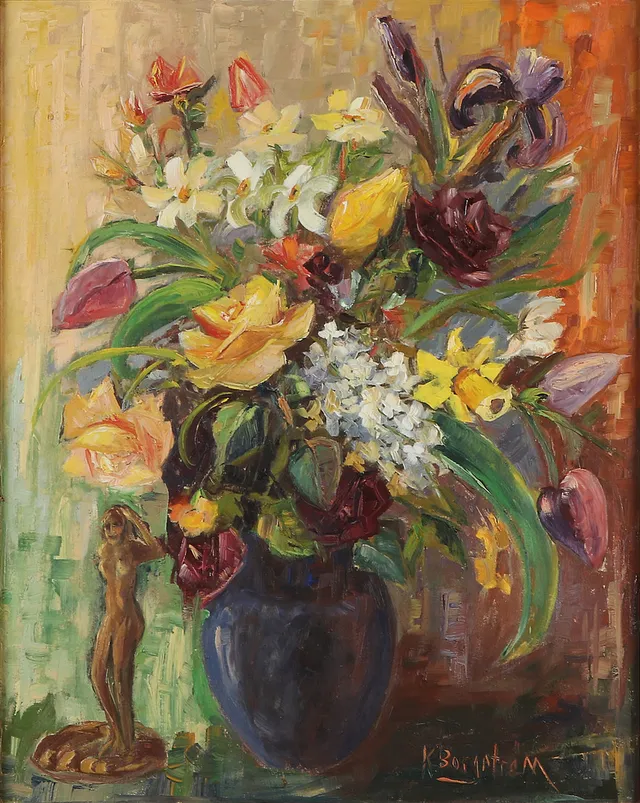 KARIN BORGSTRÖM. OLJEMÅLNING PÅ DUK. BLOMSTERSTILLEBEN.