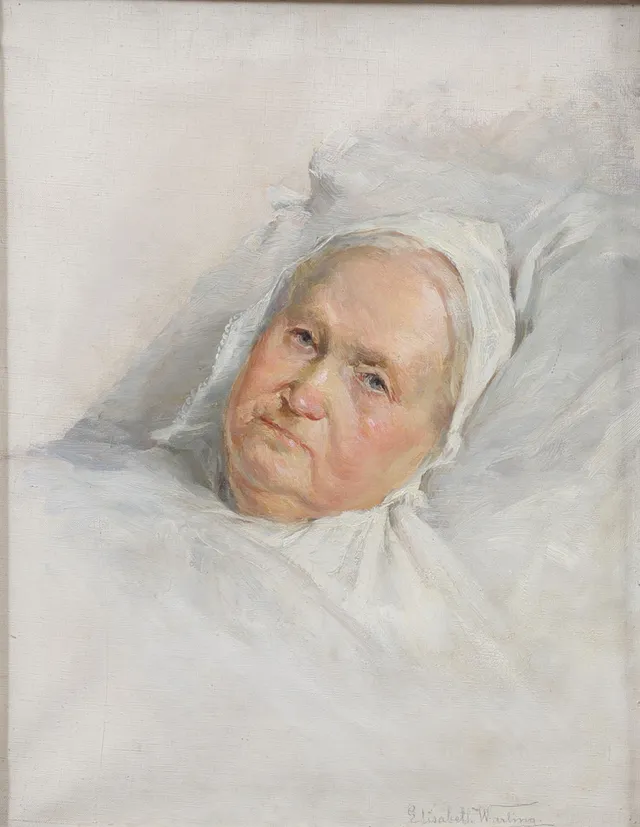 ELISABETH WARLING. Gumma till bädds, olja på duk, signerad, 1800-tal.
