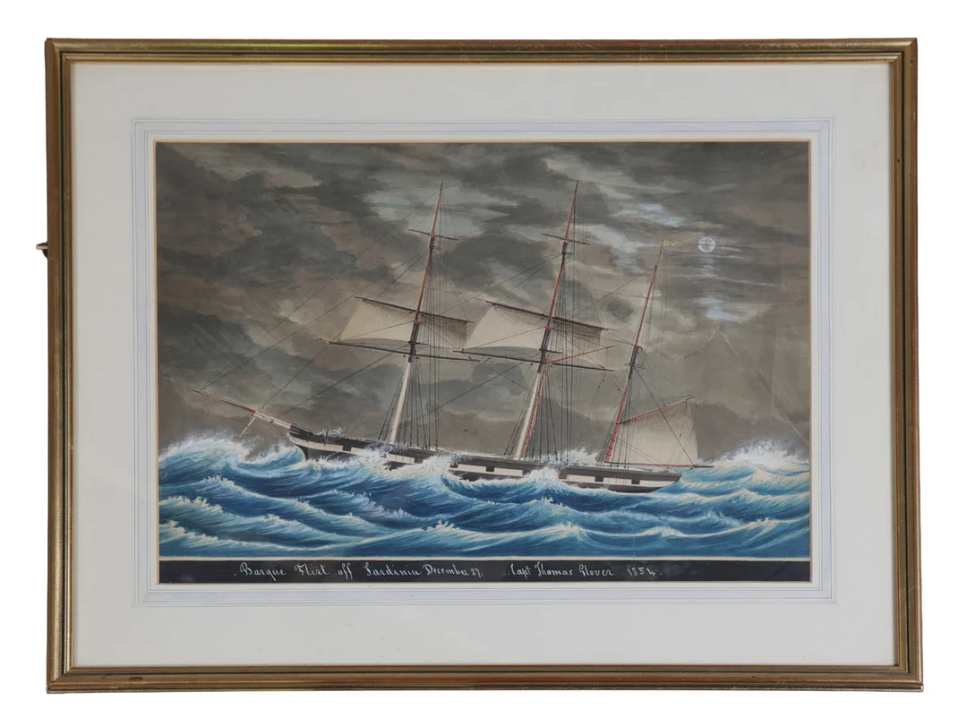 19TH CENTURY BRITISH SCHOOL, BARQUE FLINT OFF SARDINIA UNDER MOONLIGHT. — Paintings — Bishop & Miller