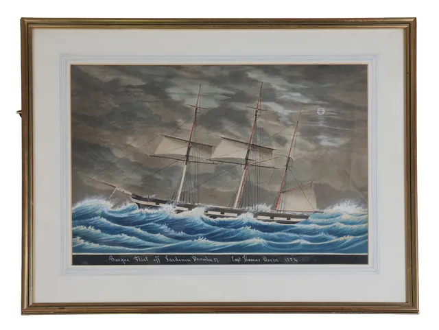 19TH CENTURY BRITISH SCHOOL, BARQUE FLINT OFF SARDINIA UNDER MOONLIGHT.