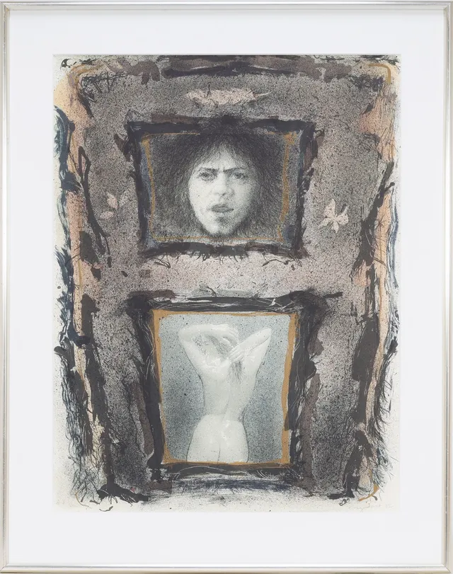 Kurt Trampedach (1943-2013): Figural composition with self-portrait. Lithograph in colors, 1982.
