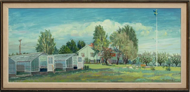 GEORG LINDSTRÖM (1912-1985). Trädgårdsmotiv , olja på pannå, signerad.